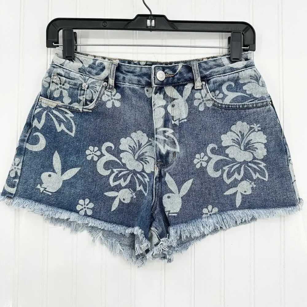 PlayBoy Pacsun Shorts Womens 27 Blue Jean Denim Fringe 90s Grunge Floral Bunny